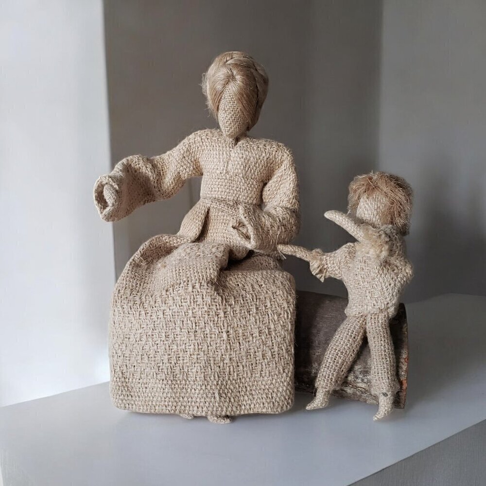 Handmade Linen Burlap & Wood Figurine Mother and Child Vintage 1991 by Verena K